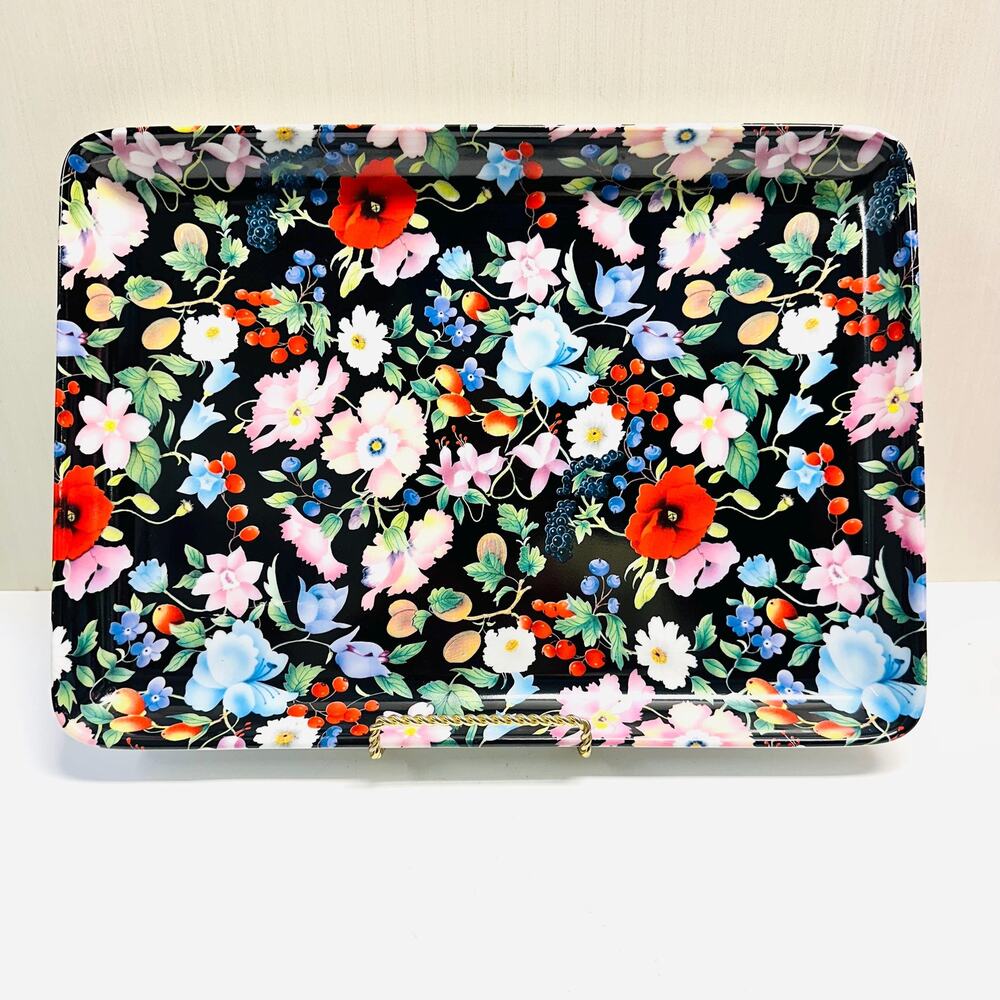 Vintage Pillivuyt France Porcelain Chintz Tray Black Flowers Fruit Rectangular